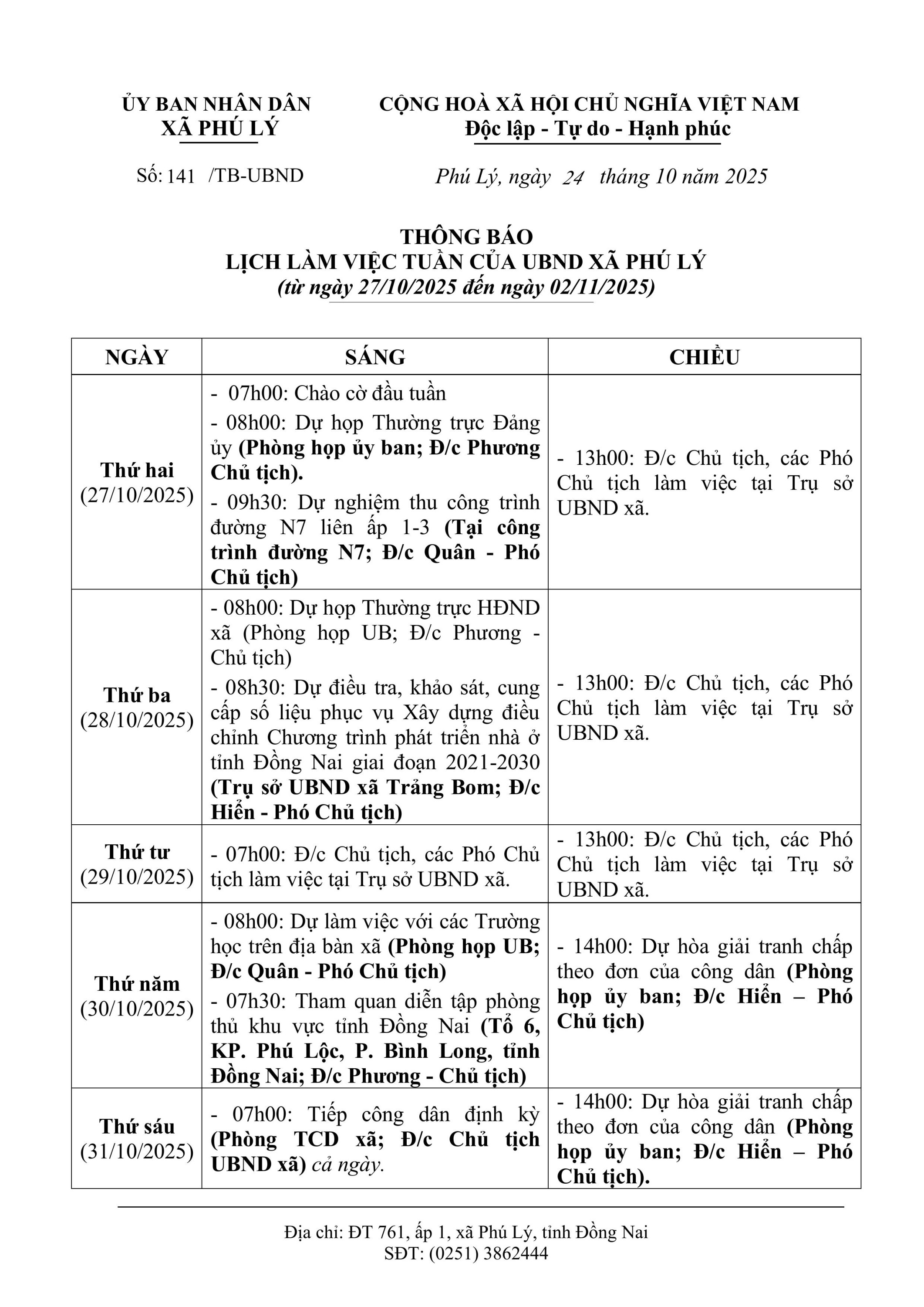 THÔNG BÁO LỊCH LÀM VIỆC TỪ 27 10 ĐẾN 02 11 2025 hình ảnh 0