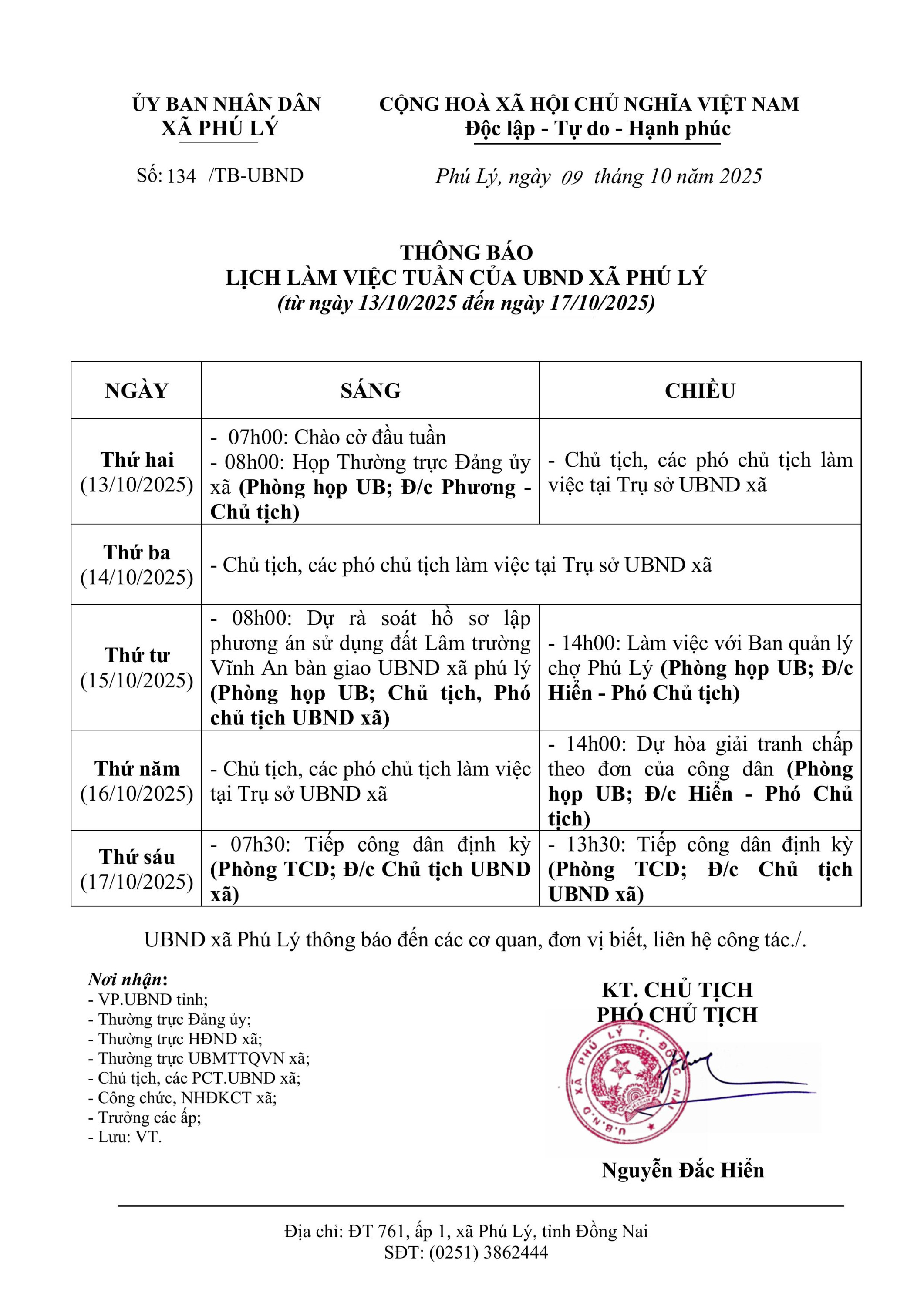 THÔNG BÁO LỊCH LÀM VIỆC TUẦN CỦA UBND XÃ PHÚ LÝ (1)
