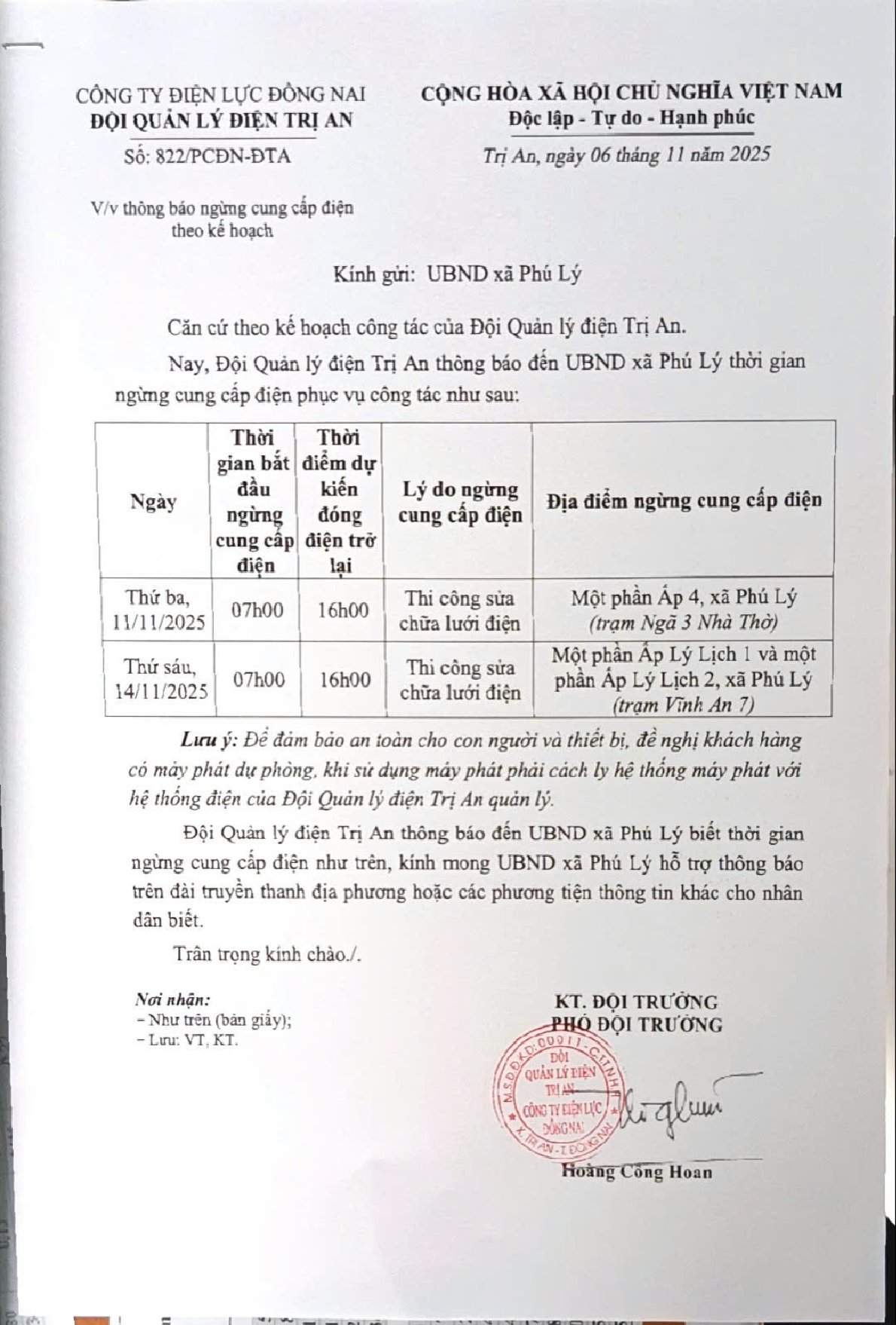 Thông báo ngưng cúp điện